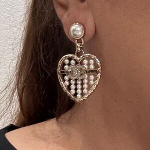 CHANEL Gold Heart Earrings with Pearl and diamond Accents